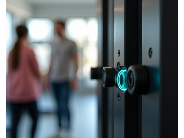 Close-up of a child-safe locking mechanism on home gym equipment, with blurred background of a family working out safely.